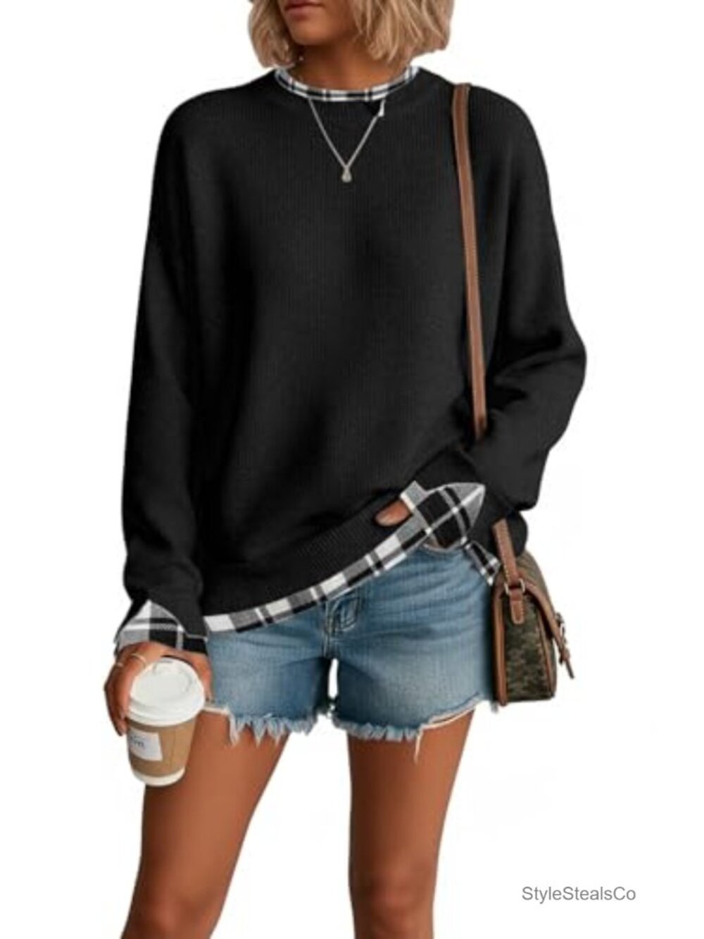 Women's Oversized Cut-Out Sweater Crew Neck Drop Shoulder Ribbed Knit - Picture 4 of 5